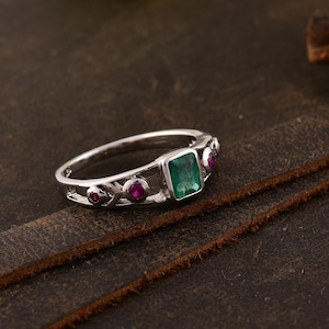 Sambischer Smaragd & Rubin Sterling Silber Ring: Zierlicher Edelstein Schmuck