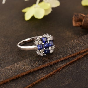 Blue Sapphire & Diamond Silver Cross Ring - Sterling Silver 925