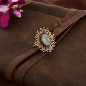 Natural Genuine Aqua Chalcedony Gold CutWork Silver Ring|Real Chalcedony Flower Design Gold Plated Flower Design Ring|Statement Ring For Her