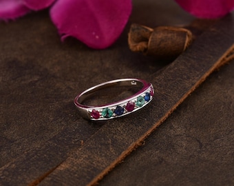 Emerald, Ruby & Sapphire Silver Band: Natural Gemstone Ring