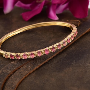 Natural Pink Sapphire And Real Diamond Studded Silver Bracelet, Openable Bangle Bracelet, Pink Sapphire Diamond Gold Plated Silver Bracelet