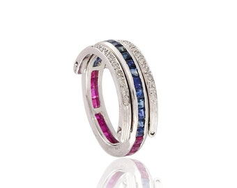 Ruby, Sapphire & Diamond Flip Ring: Sterling Silver Multi Stone Band