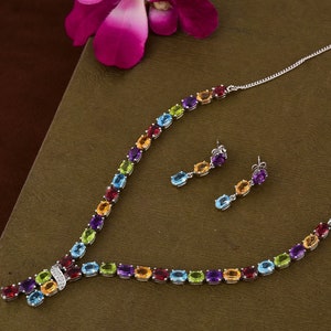 Multi-Stone Silver Necklace: Natural Amethyst, Citrine, Peridot, Topaz