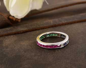Emerald, Ruby, Sapphire & Diamond Silver Eternity Band