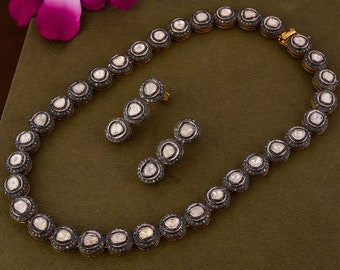Victorian Diamond Polki Necklace: Pave Diamond, 18K Gold Coated Silver