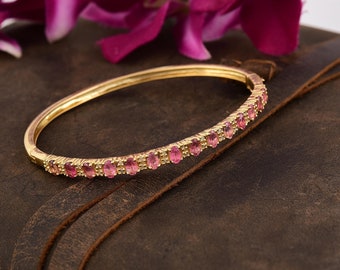 Pink Sapphire Diamond Bangle Bracelet: 18k Gold Plated Sterling Silver