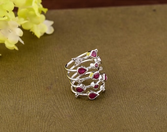 Natural Genuine Ruby and Real Diamond Studded Statement Band in Silver | Blood Red Ruby And Diamond Band for Women | Spiral Band For Her