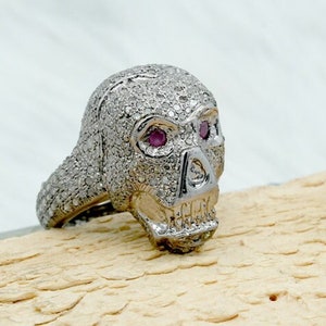 Diamond & Ruby Sterling Silver Skull Ring - Unisex GRS Certified