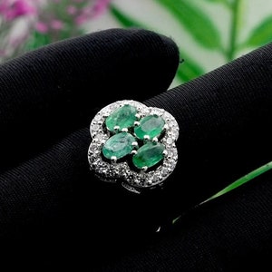 Natural Emerald & White Topaz 925 Silver Floral Ring