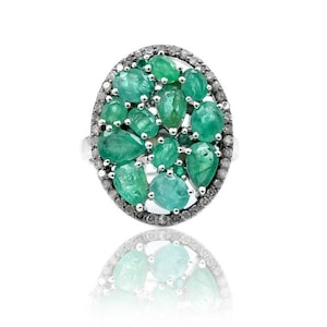 Emerald Diamond Sterling Silver Ring: Victorian Design, May Birthstone
