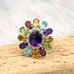 Multi-Stone Silver Cocktail Ring | Multi Stone Silver Ring For Women | Peridot, Amethyst, Topaz, Citrine, Garnet Silver Ring | Gift For Wife