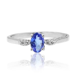 Natural Tanzanite and Diamond Sterling Silver Ring - Oval Cut