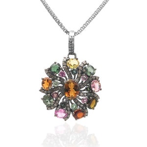Natural Multi-Tourmaline Diamond Silver Pendant, Multi Stone Silver Pendant, Multi Tourmaline Silver Pendant, Gift For Her, Anniversary Gift