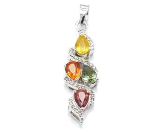 Natural Multi Sapphire Diamond Silver Pendant With Chain : Precious Stone Necklace