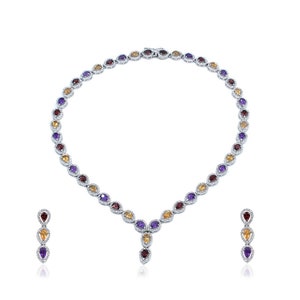 Citrine Amethyst Garnet White Topaz Sterling Silver Necklace & Earrings