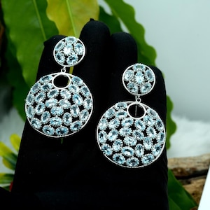Natural Blue Topaz Sterling Silver Dangler Earrings: Round Gemstone