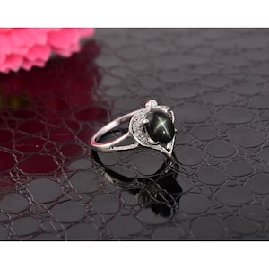 Natural Genuine Black Star Sapphire And Crystal Studded Silver Ring| Black Star Statement Ring For Women| Perfect Anniversary Gift For Her