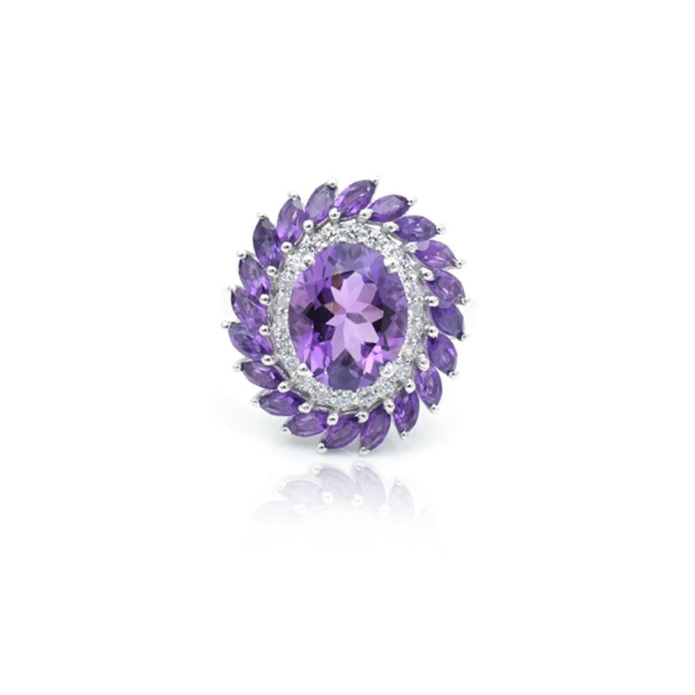 Natural Amethyst & White Topaz Sterling Silver Ring - Oval Cut