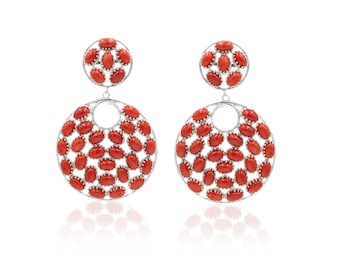 Natural Coral Sterling Silver Dangle Earrings, 60mm Circular Drops