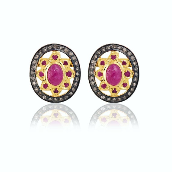 Natural Genuine Cabochon Ruby with Real Diamond S… - image 1