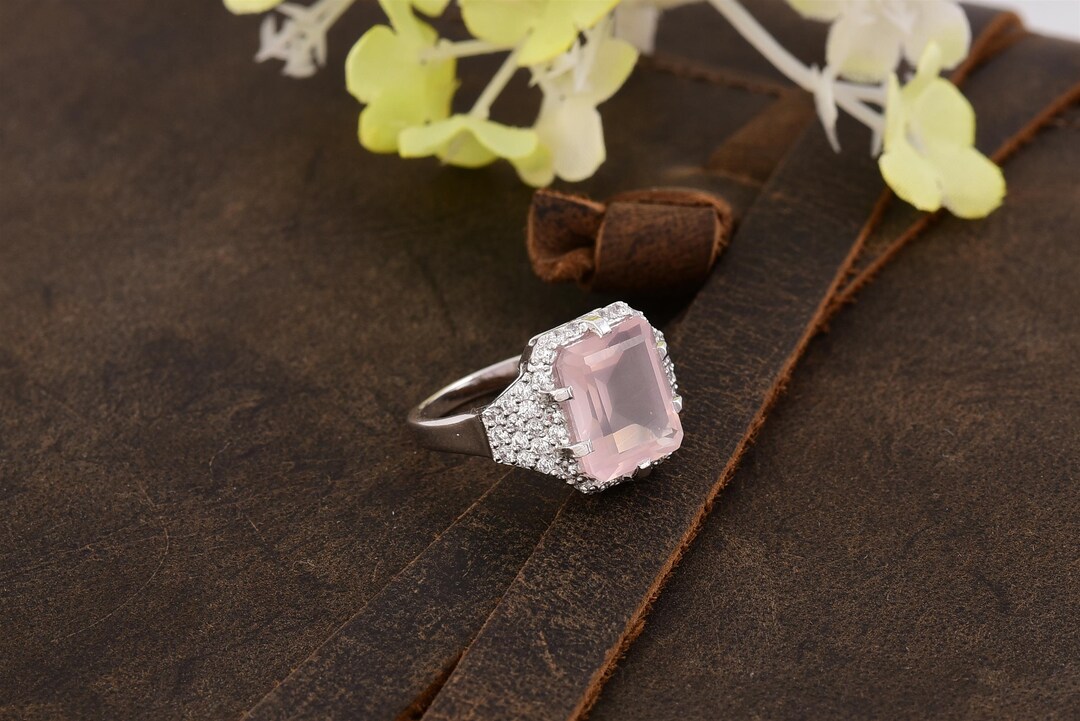 Buy Emerald Cut Rose Quartz White Topaz Sterling Silver Ring Online in  India