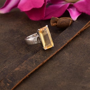 Emerald Cut Citrine Sterling Silver Ring: Vintage Statement Jewelry