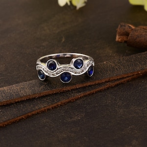 Blue Sapphire & Diamond Sterling Silver Ring - Statement Band