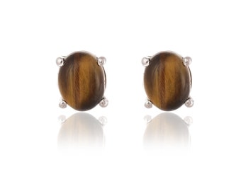 Natural Tiger's Eye Silver Stud Earrings | Tiger Eye Push Back Studs For Women | Tiger's eye Studs For Her | Oval Cut Studs | Gift For Wife