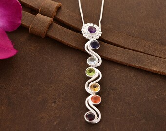 Chakra Gemstone Silver Pendant Necklace: Healing Crystal Jewelry