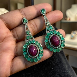 Pendientes de plata de ley 925 con esmeraldas naturales, diamantes y rubíes cabujón: Pendientes colgantes victorianos para mujer.