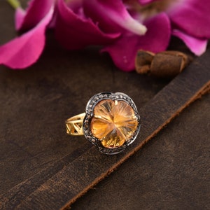 Carved Citrine & Diamond Ring: Gold Plated Silver Victorian Floral Ring