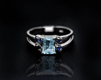Natural Aquamarine And Blue Sapphire Silver Ring | Real Aquamarine Silver Ring | Dainty Aquamarine Ring For Women | Emerald Cut Silver Ring