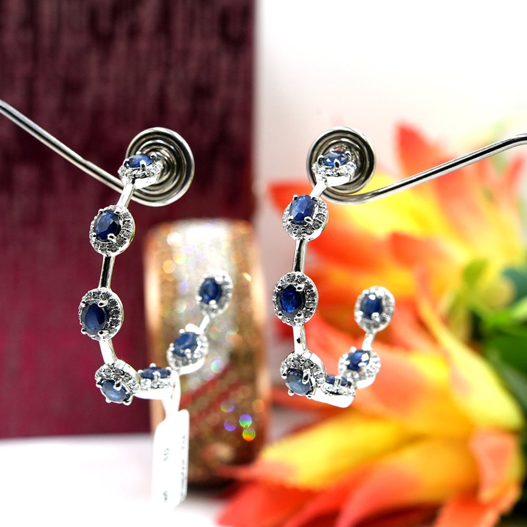 Orecchini A Cerchio In Argento Sterling 925 Con Pietra Portafortuna Topazio Zaffiro – Placcato Rodio – Gioielli Donne E Ragazze - 5