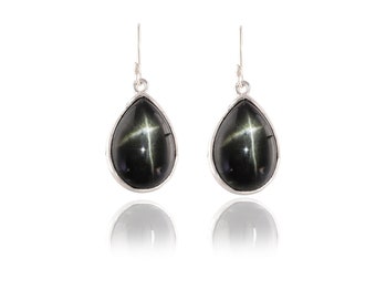 Black Star of India Silver Earrings: Pear Cut Dangle Earrings