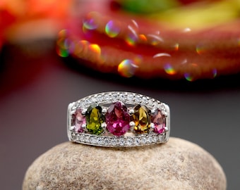 Natural Multi-Tourmaline & White Topaz Silver Ring | Multi-Tourmaline Dainty Silver Ring | Multi-stone Ring For Women | Pink Tourmaline Ring