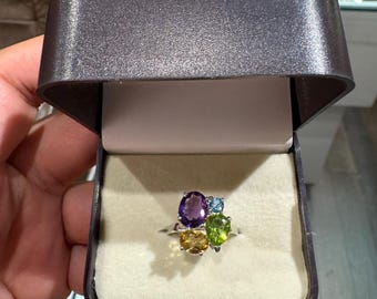 Bague Ancienne En Argent Avec Citrine, Péridot, Améthyste Et Topaze – Taille 56