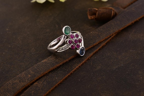 Rubis naturel véritable, saphir, émeraude et véritable bague