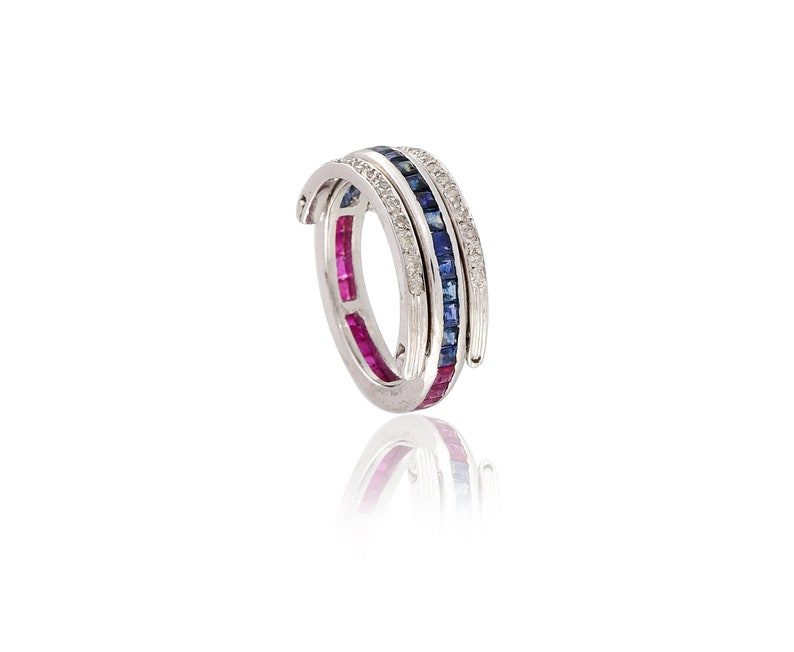 Natural Ruby Blue Sapphire And Diamond Studded Flip Silver Ring Flip Ring For Women Precious Stone Ring for Her