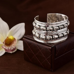 Carved Elephant Sterling Silver Bangle Bracelet: Adjustable 925 Stamped