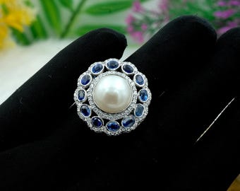 Freshwater Pearl and Sapphire Ring: Sterling Silver Cocktail Ring