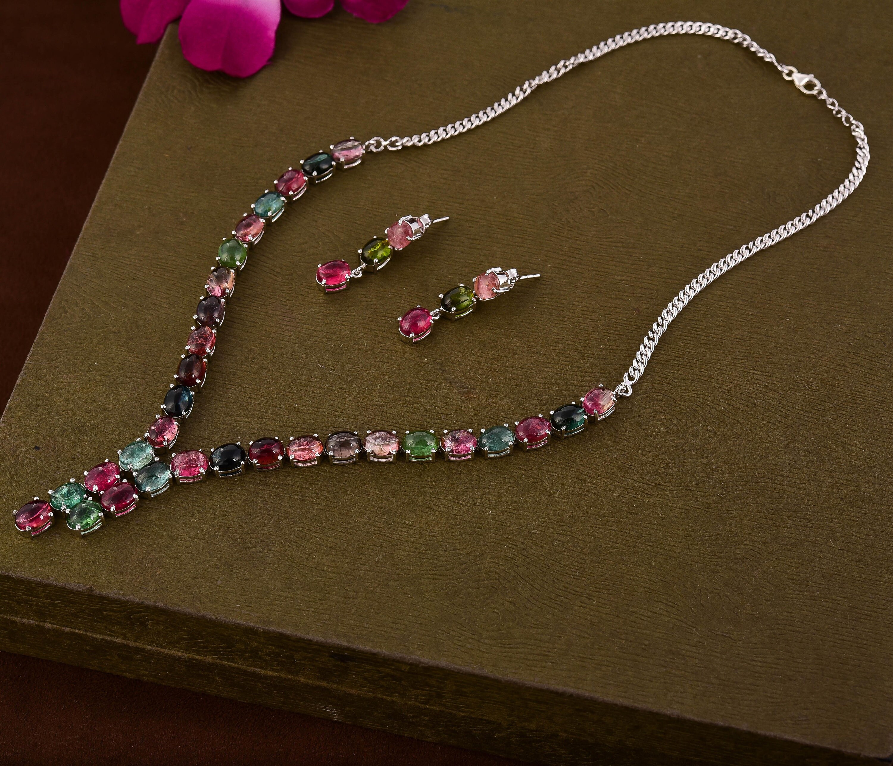 マルチトルマリンスターリングシルバーネックレス＆イヤリングセット