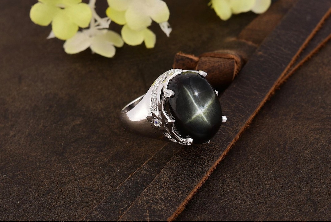 ★SENTIMENTS★ NO.559 [BLACK] STAR CUBIC RING Natural Genuine Black Star of India and Real Crystal Studded