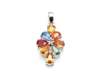 Natural Multi Sapphire Diamond Silver Pendant With Chain : Precious Stone Necklace