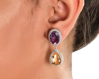 Natural Genuine Amethyst, Citrine And Real Crystals Studded Silver Earrings | Purple Amethyst Silver Hangings | Citrine Pear Cut Danglers