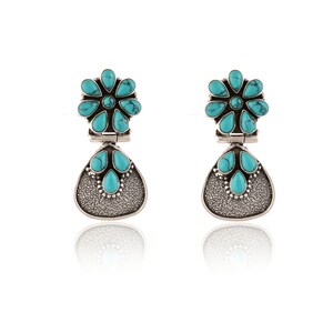 Turquoise Sterling Silver Floral Earrings : Pear Cut Drop Danglers