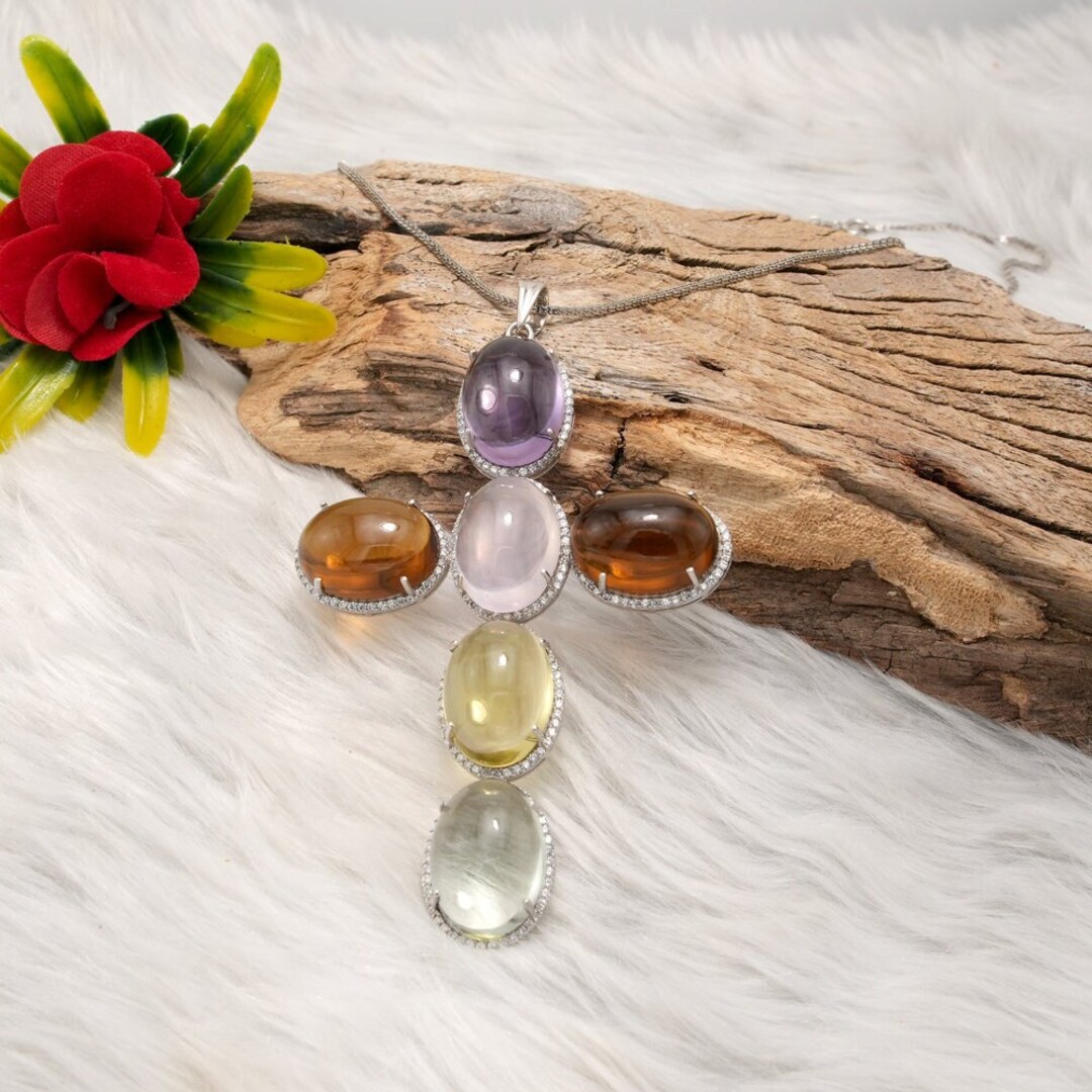 Natural Multistone Holy Cross Silver Pendant Holy Cross Silver Pendant
