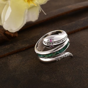 Natural Genuine Emerald & Real Diamond Silver Snake Ring, Emerald Diamond Snake Design Band, Channel Setting Snake Band, Emerald Snake Band