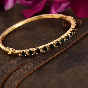 Natural Blue Sapphire, Emerald, Ruby And Real Diamond Studded Gold Plated Silver Bangle, Sapphire Openable Bangle For Women, Wedding Gift