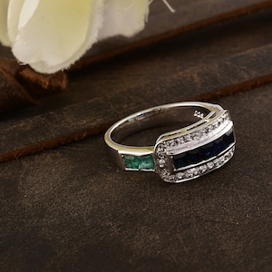 Blue Sapphire, Emerald & Diamond Ring: Sterling Silver Statement Jewelry