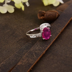 Natural Ceylon Ruby Ring, Diamond Accent, Sterling Silver, Wedding Jewelry